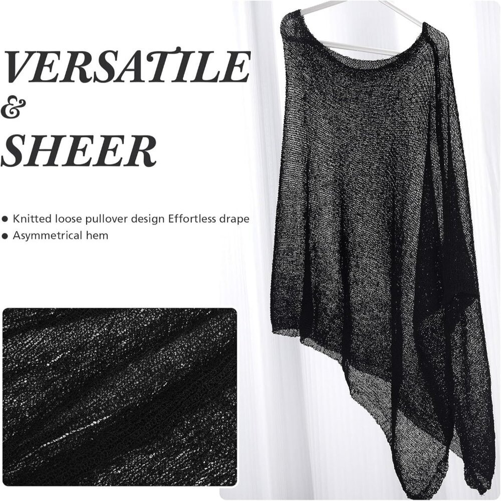 Women Sheer Poncho Lightweight Summer Blouse Top Asymmetrical Hem Fashion - Picture 3 of 6